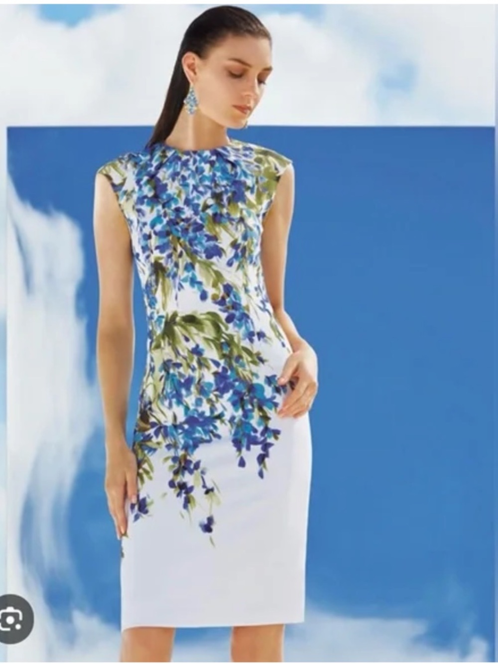 St. John White Sheath Dress with Blue and Green Floral Print